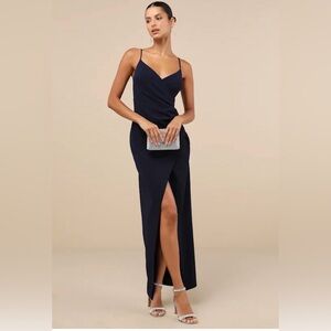 Lulu's Navy Blue Ruched Surplice Maxi Dress